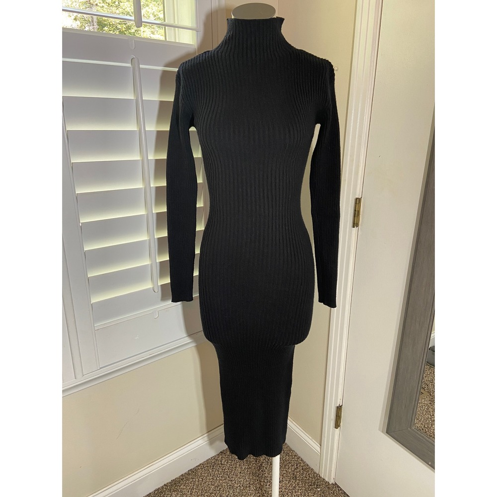 ASTR The Label Midi Dress XS Black Ribbed Mock Neck Bodycon Long Sleeve